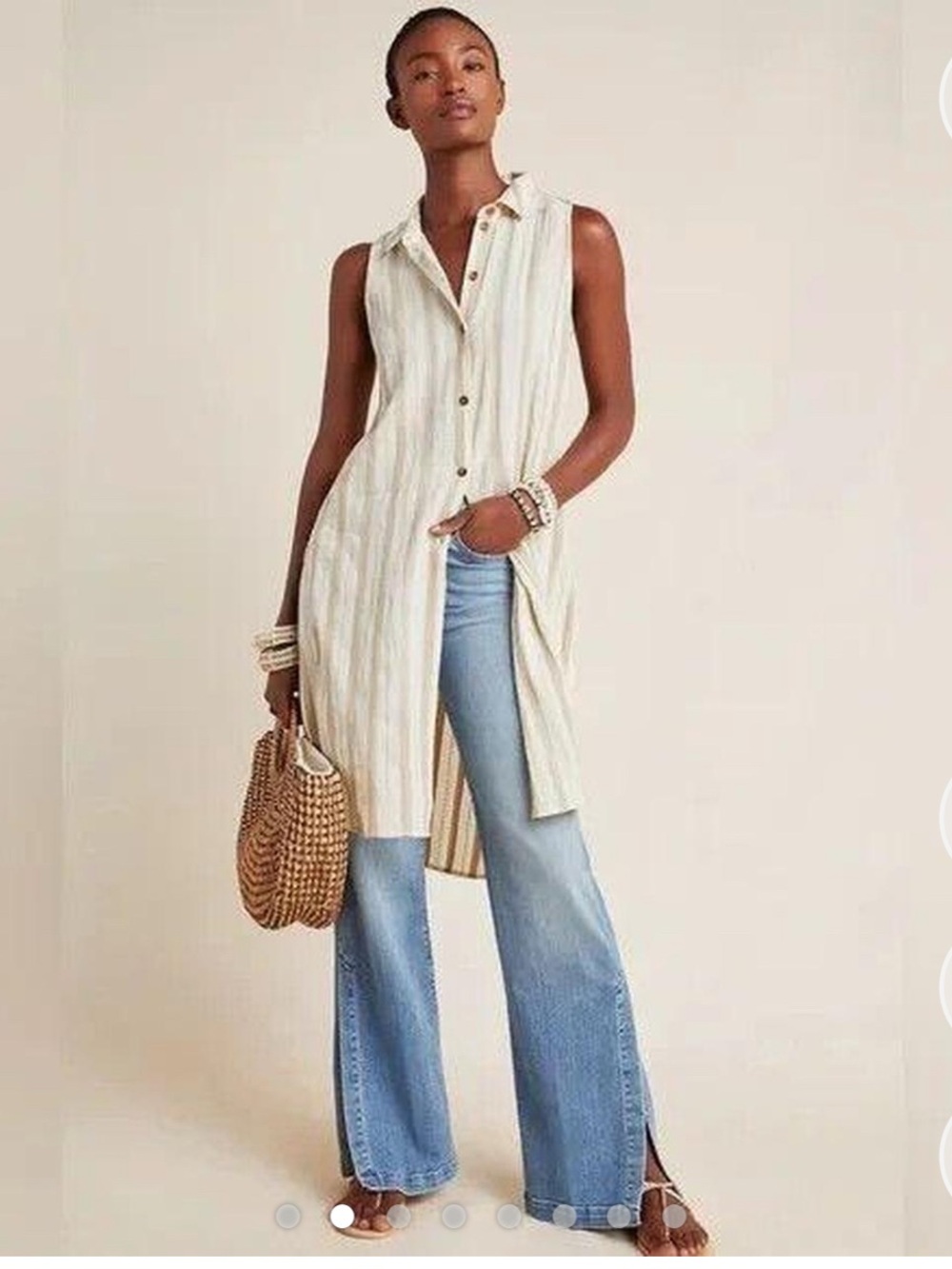 NWT Anthropologie Beige and Cream Striped Sleeveless Button-Front Tunic